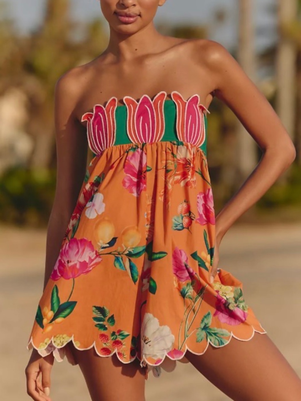 NWT Anthropologie Celandine Strapless Tulip Babydoll Romper Orange Size Large